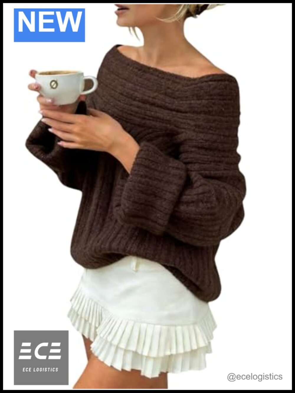 Off Shoulder Chunky Long Sleeve Rib Knit Pullover Sweater Loose Fit